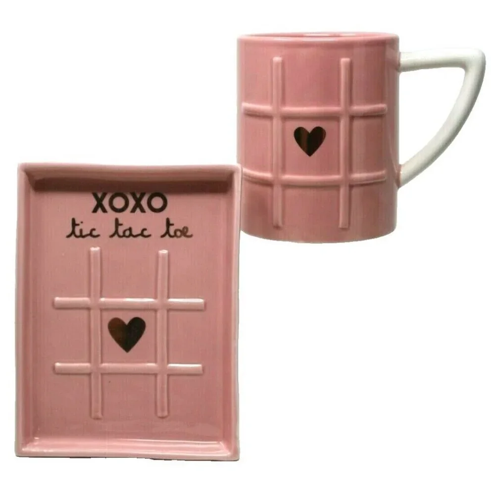 NEW MAGENTA Pink XOXO Tic Tac Toe Mug Coffee Cup & Tray Love Valentine RARE S2